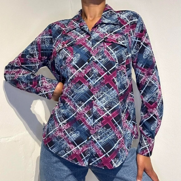 Pappagallo Vintage Abstract Tartan Print Long Sleeve Floral Button Down Shirt - Picture 16 of 16